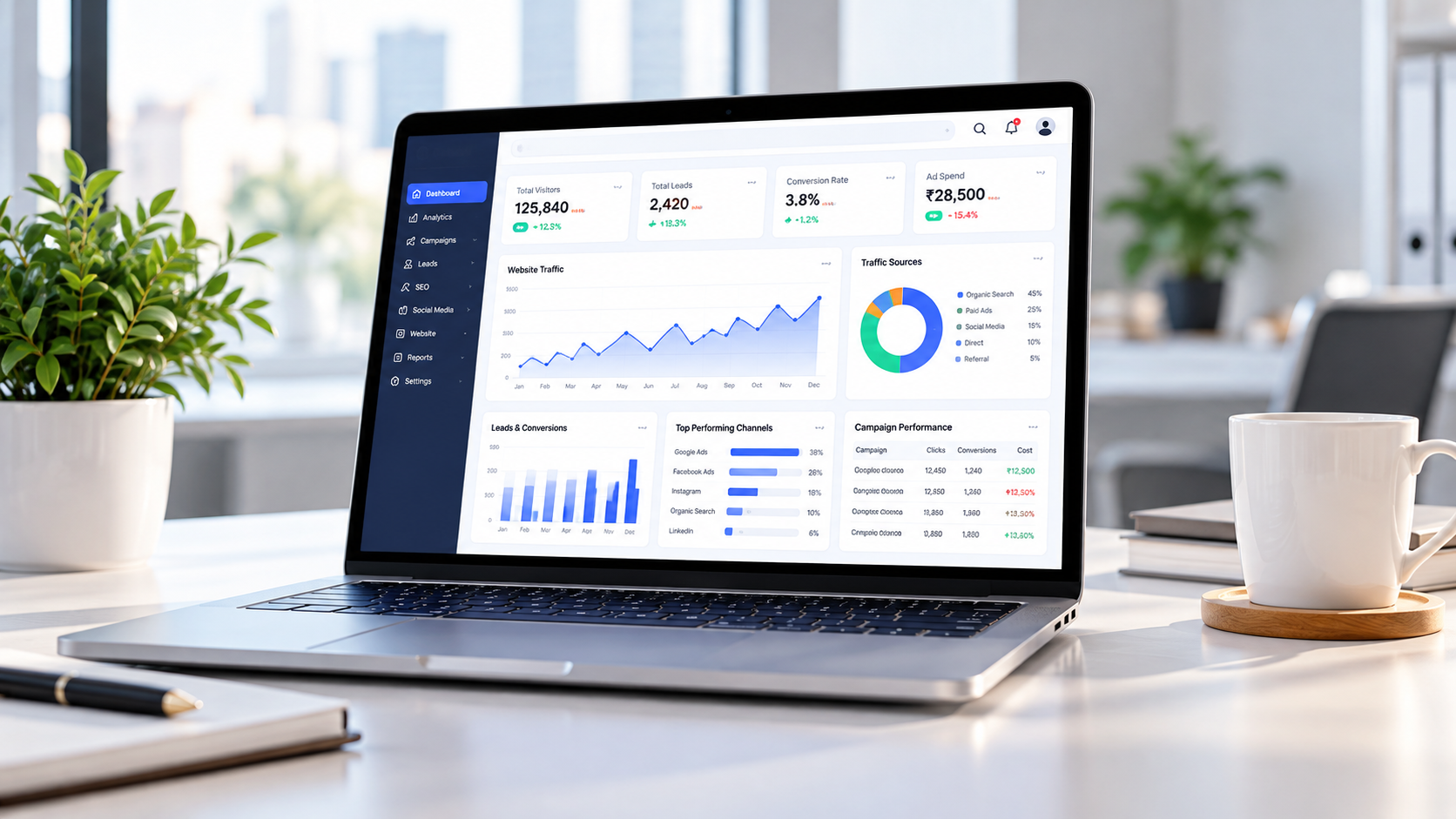 Laptop displaying a digital marketing analytics dashboard