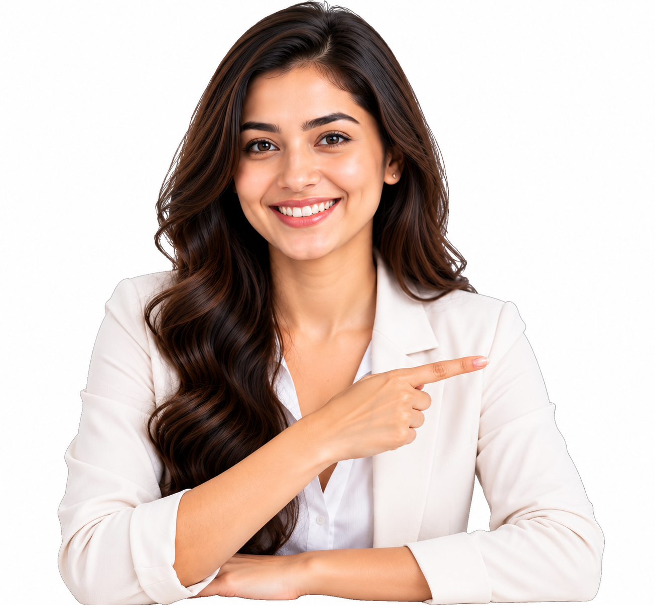 Smiling professional pointing toward digital growth metrics